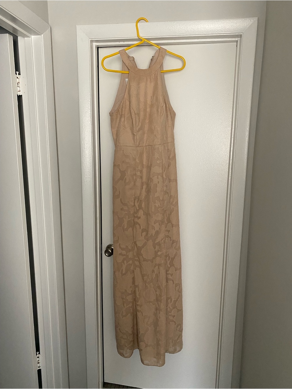 Azazie Beige Halter Floral Jacquard Maxi Dress